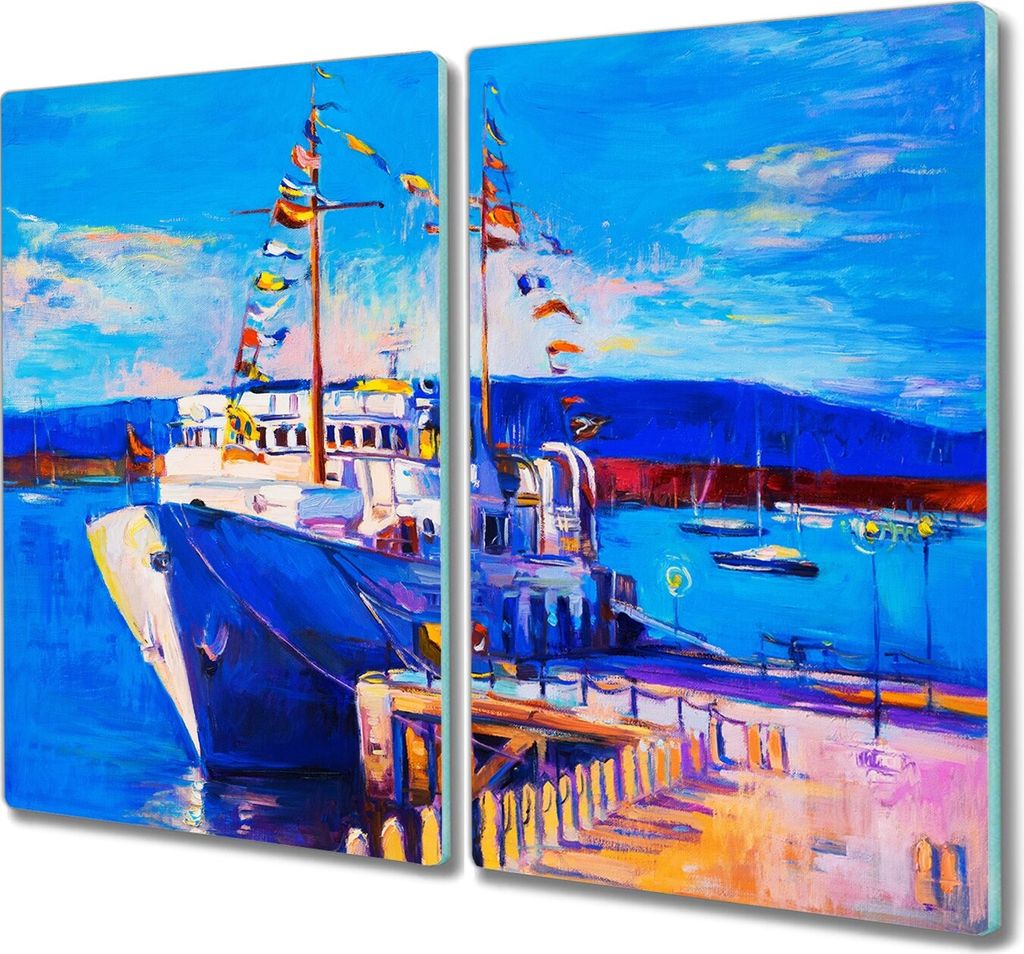 Coloray Küchenbrett Kochplattenabdeckung Hackbrett Schneidebrett Herdabdeckplatte 2x30x52 cm - Seehafen Schiffe Himmel