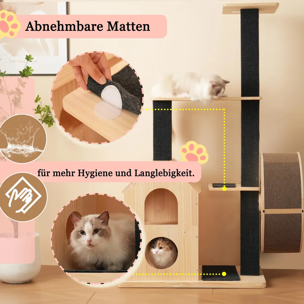 Arbre à Chat Design en Bois avec Roue de Course et Griffoirs en Sisal