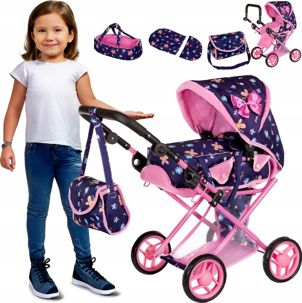 Kinderplay kočárek pro panenky 3v1, Fialová/kytičky Obrázek produktu 