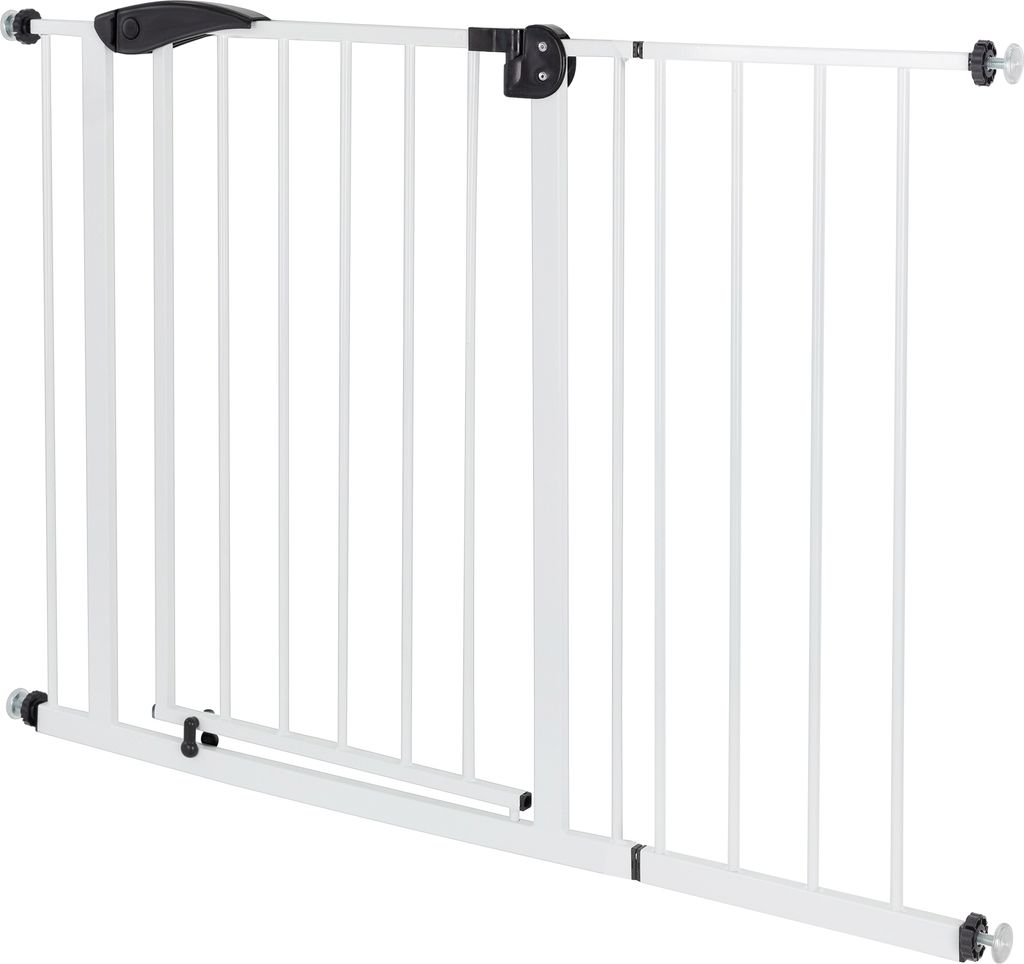 A white metal baby gate with black accents is shown against a white background.