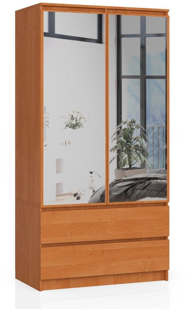 Kleiderschrank – Schlafzimmerschrank 2 Türen mit Kleiderstange – 90 cm – Braun – Funktionaler Drehtürenschrank mit Spiegel und 2 Schubladen
