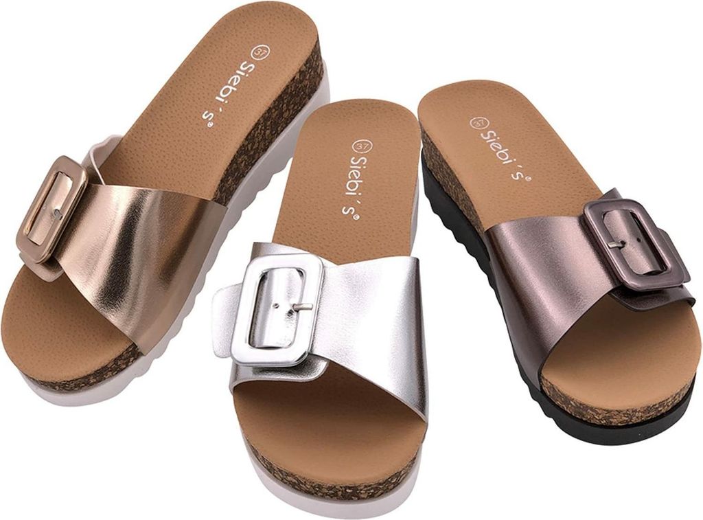 Damen Pantoletten mit breiten Riemen und bequemem Kork-Fußbett, Metallic