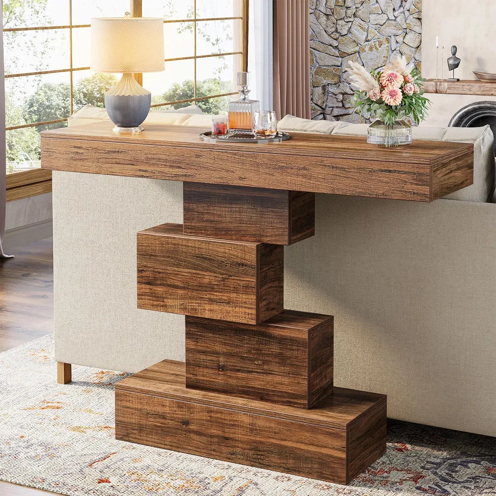Table d'appoint console en bois 108x30x80 cm avec piètement géométrique