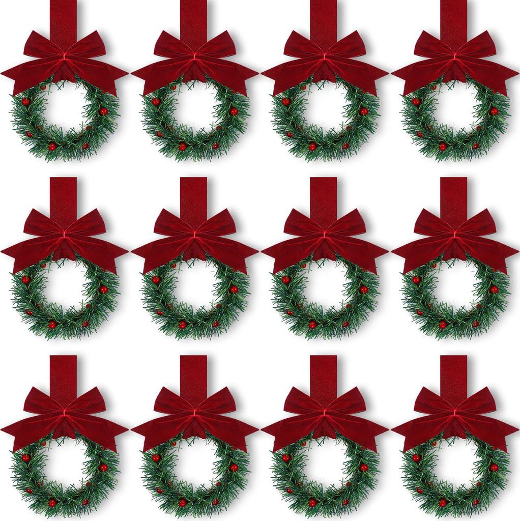 Mini-Weihnachtsschrankkranz mit Schleifen, roten Beeren, künstlicher kleiner Küchenkranz für Fenster, Wand, Haustür, Landhaus-Weihnachtsdekoration