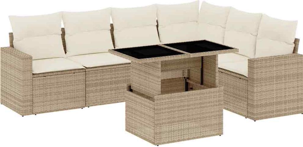 vidaXL 7-tlg. Garten-Sofagarnitur mit Kissen Beige Poly Rattan
