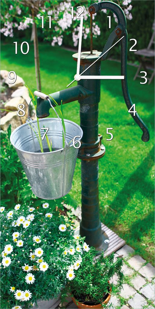 Wallario Design Wanduhr Wasserquelle im Garten aus Echtglas, Größe 30 x 60 cm