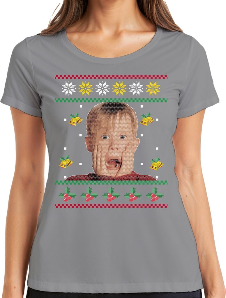 Kevin Allein Zuhause - Weihnachtsgeschenk Ugly Christmas Sweater Weihnachten Damen T-Shirt, Grau, XXL