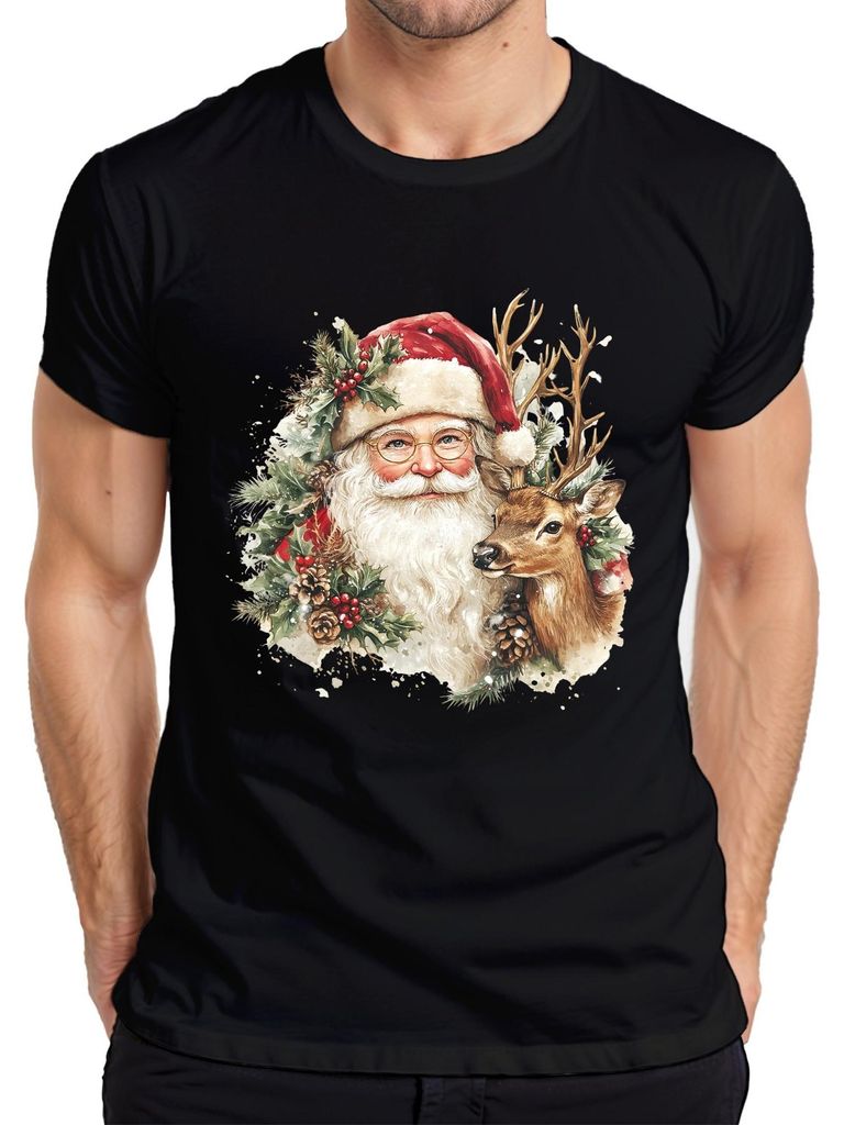 Weihnachtsmann Rentier Weihnachtsgeschenk Nostalgie Vintage Retro Herren T-Shirt, Schwarz, M