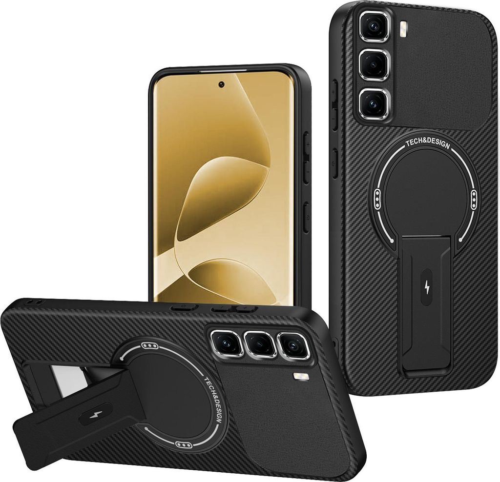 Hülle für Infinix Hot 50 Pro+ 4G Magnetisch Carbonfaser Design TPU Hybrid Handyhülle mit Ständer Schwarz