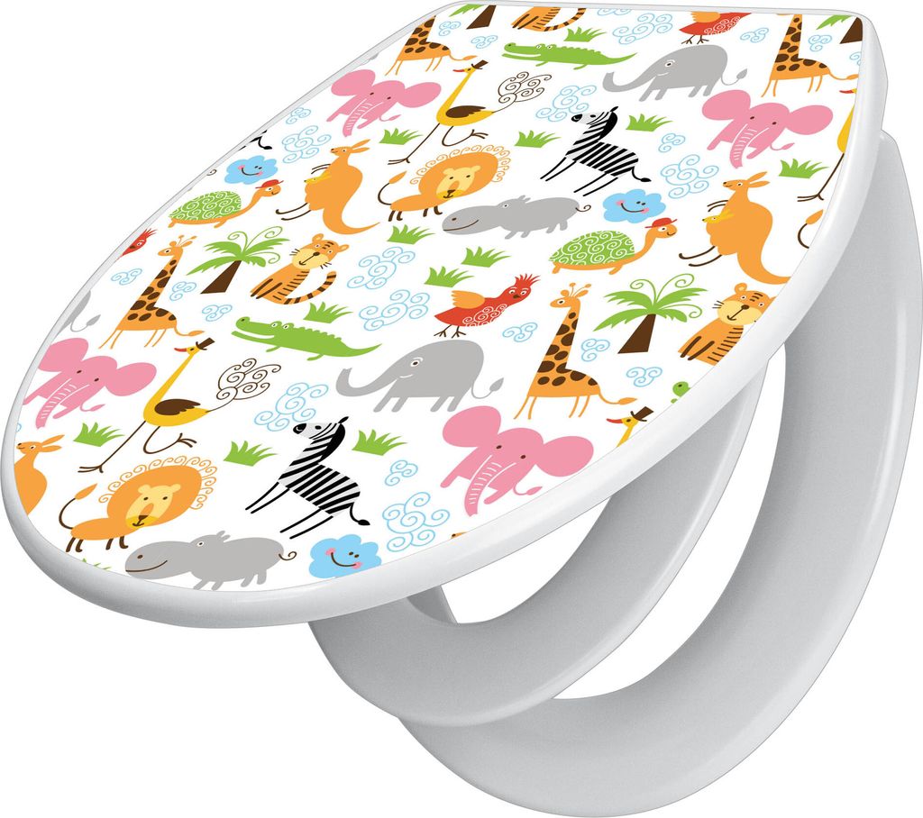 banjado Familien WC Sitz mit Absenkautomatik 37x44,5x5cm -Fröhliche Tiere - Klodeckel/Klobrille mit kindersitz aus hochwertigem Polypropylen - uni...
