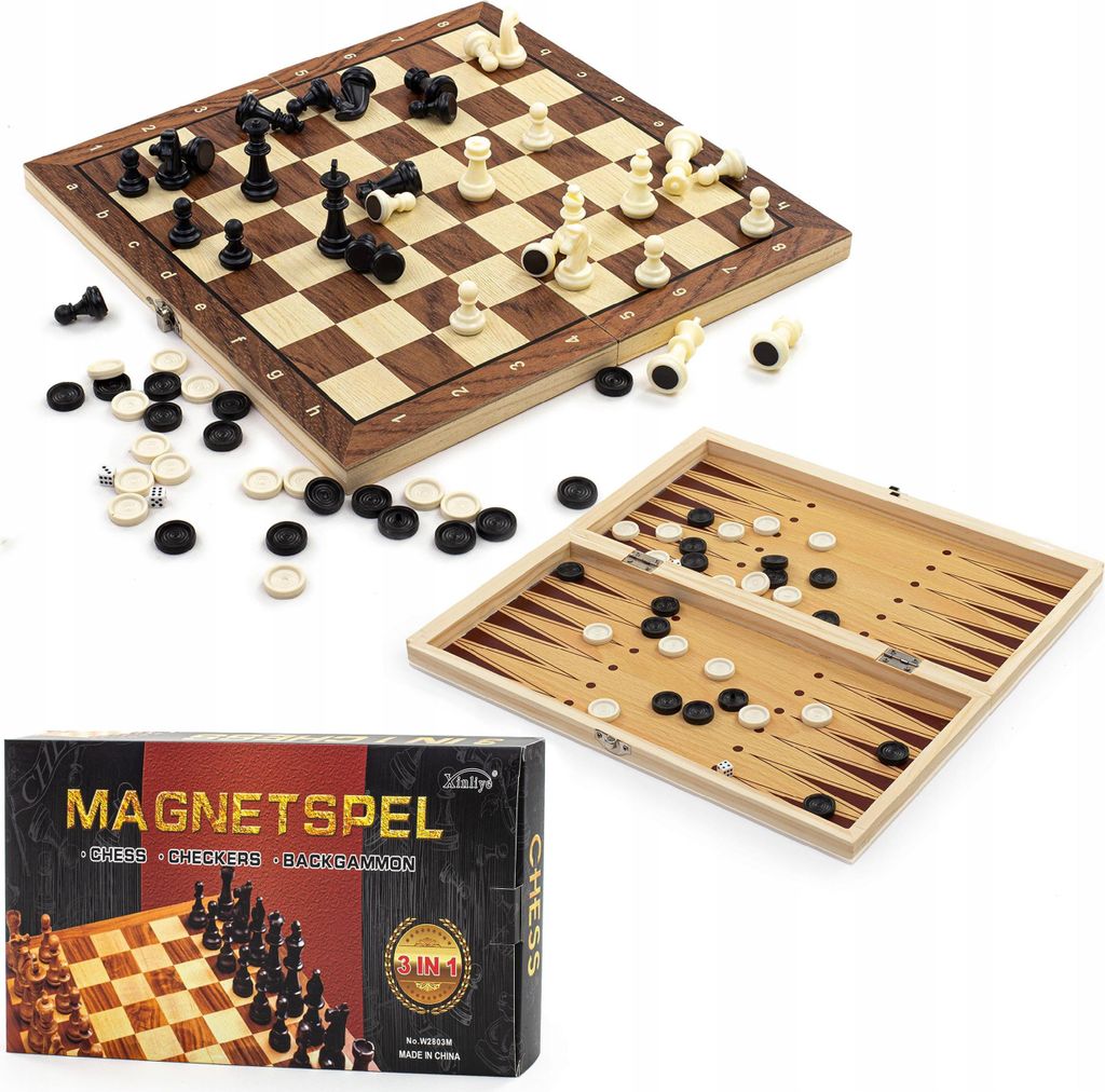 SZACHY WARCABY Tryktrak 3W1, houten, PREMIUM kwaliteit Productafbeelding 