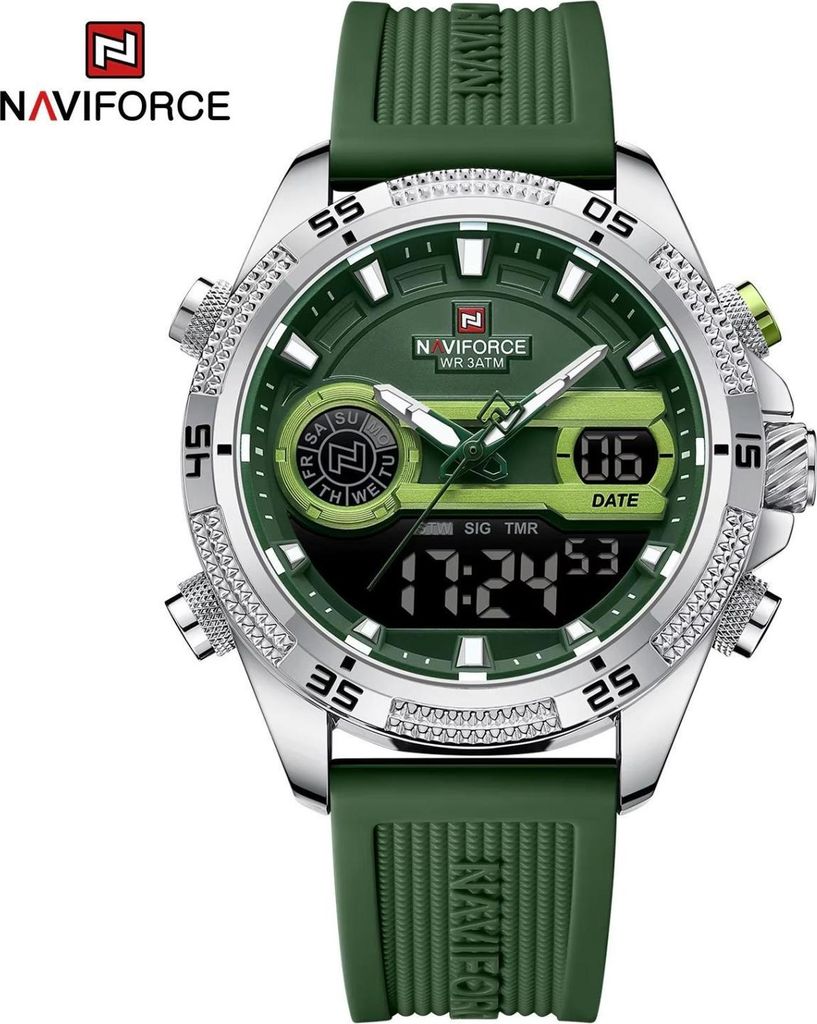 NAVIFORCE HE-38630 Herren Uhr - Robust, Grün/Silber, Analog & Digital KP38630