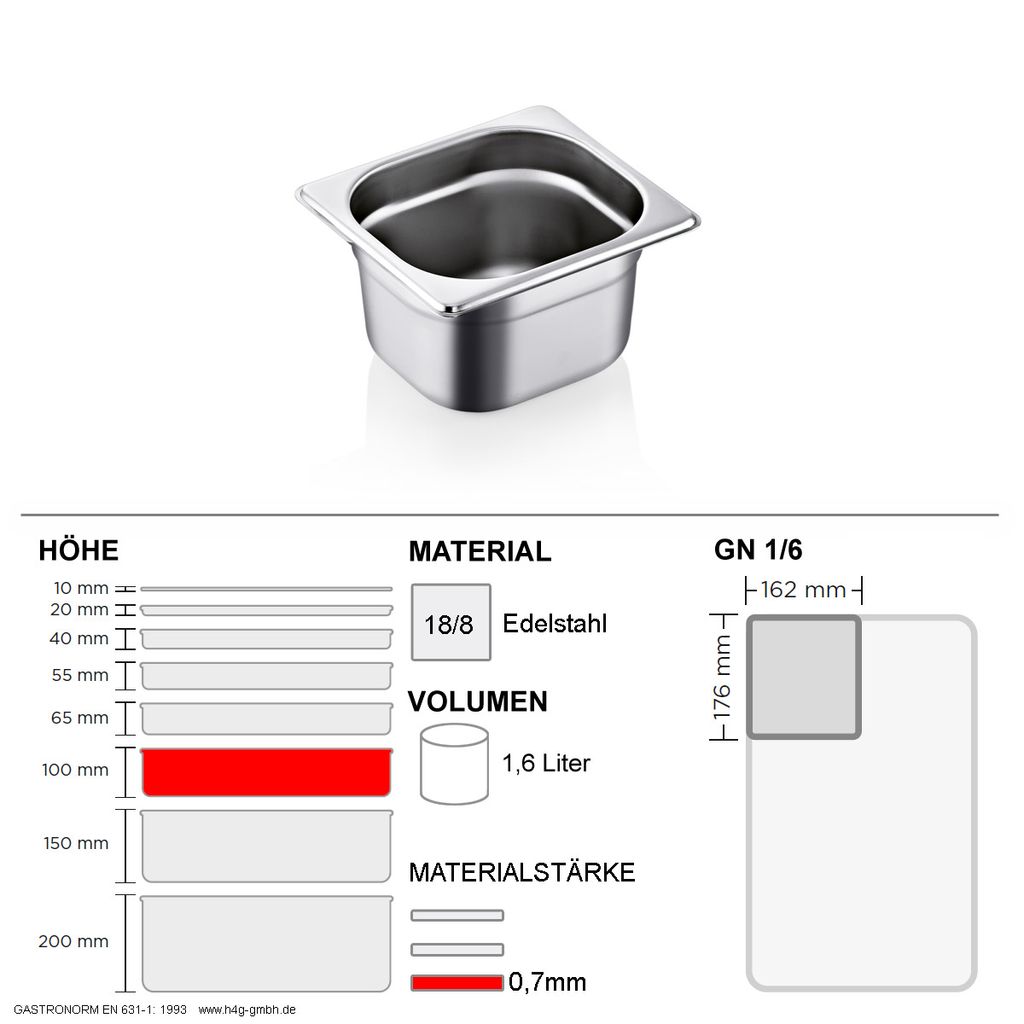 GN 1/6 Gastronormbehälter GN-Behälter Edelstahl 2,4 Liter Tiefe 150mm Gastronorm 