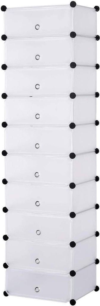 A tall, narrow, white shoe rack with 10 compartments, each with a black circular knob on the front.