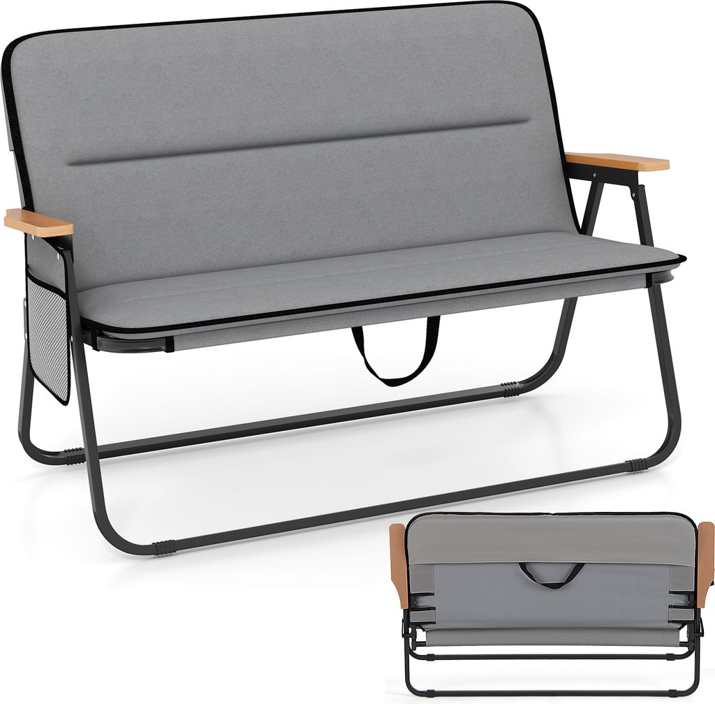 A gray camping loveseat is shown from a front-diagonal angle, with a smaller image below showing it folded.