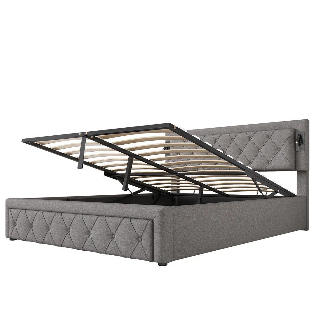 Lit ado 160x200 cm avec rangement hydraulique et chargeur USB intégré gris