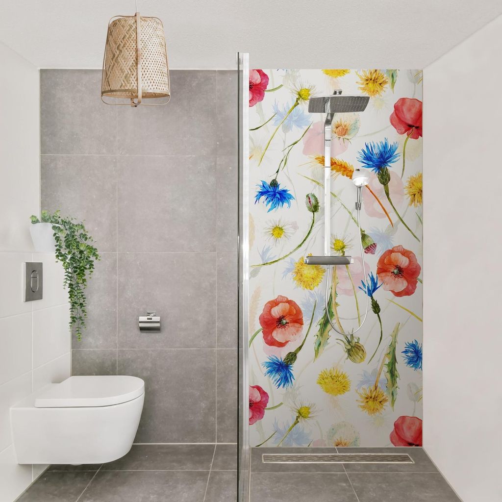 Duschrückwand Blumen selbstklebend - 0.61 mm Wandpaneel wasserfest Blumenwiese bunt Aquarell Illustration Badrückwand fugenlos Premium matt 100x1...