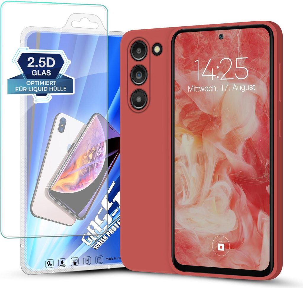 Hülle für Samsung Galaxy S23 mit 9H Displayglas Displayschutz Plus Case Cover Bumper Silikon Softgrip Schutzhülle Farbe: Rot