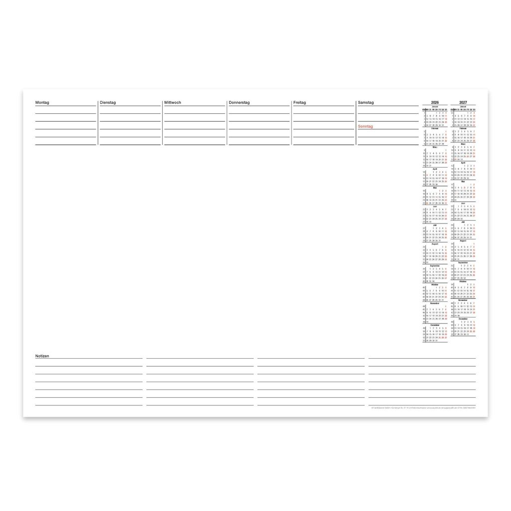 PuK Papier Schreibtischunterlage mit 2 Jahres-Kalender 2026/2027 DIN A2 25 Blatt zum Abreißen mit Wochenplan und Notizen