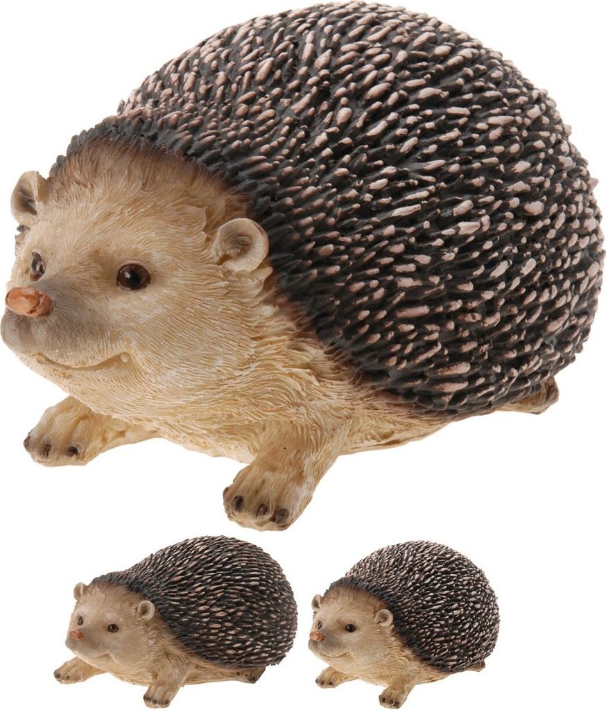 A group of decorative hedgehog figurines on a white background.