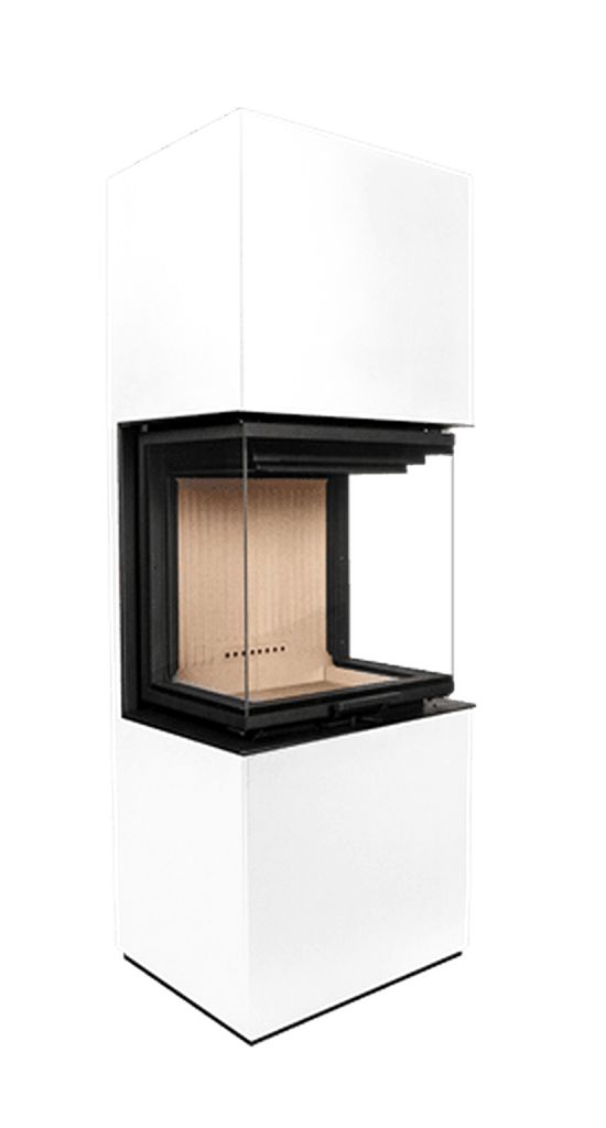A modern white fireplace with glass viewing panels.