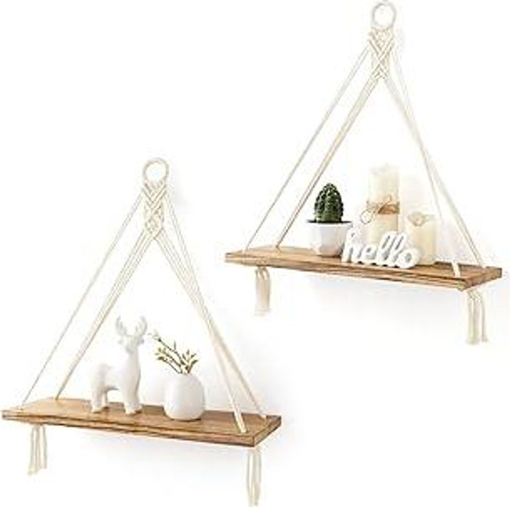 Mkono Makramee Wandregal Holz Regal Boho Deko Hängeregal Baumwollseil Handgewebte Schweberegal Balkon Badezimmer Wohnzimmer Schlafzimmer Kinderzim...
