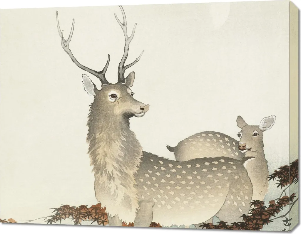 Tableau de salon zen 90x70 cm, art japonais vintage cerfs de Koson