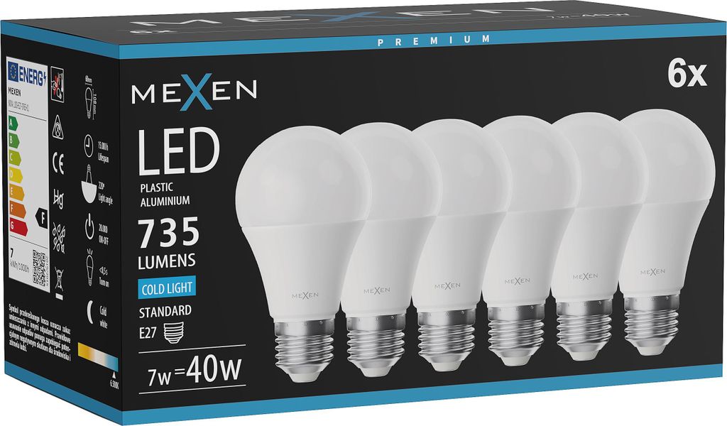 Mexen Nova 6x LED-Glühbirne E27, A60, 7W, Kalt - 6500K, 735 lm - L100-E27-0765-01x06