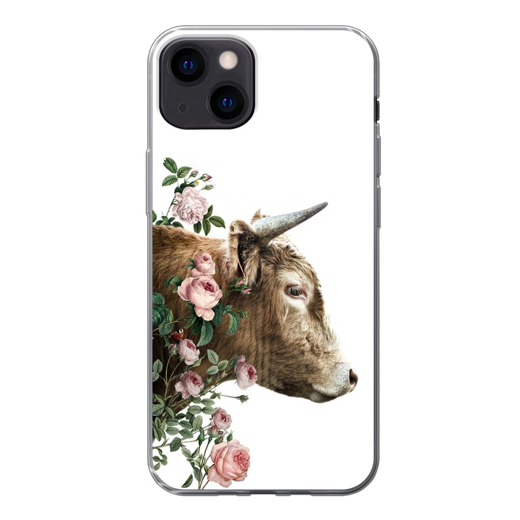 MuchoWow Handyhülle Schutzhülle Hülle für iPhone 13 Schottischer Highlander - Kuh - Blumen Silikon Softcase Handy Hülle - Karteninhaber