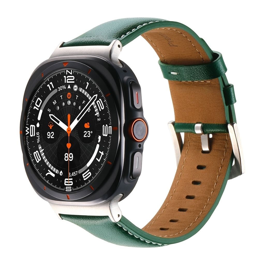 A smartwatch with a green leather band is shown against a white background.