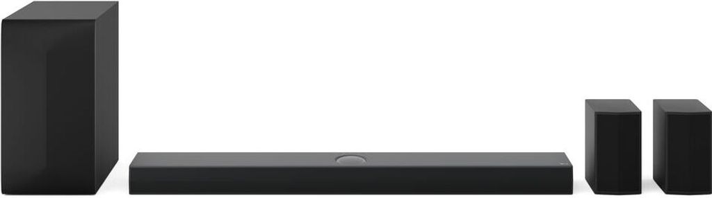 A black soundbar system with a subwoofer and two wireless speakers, displayed against a white background.