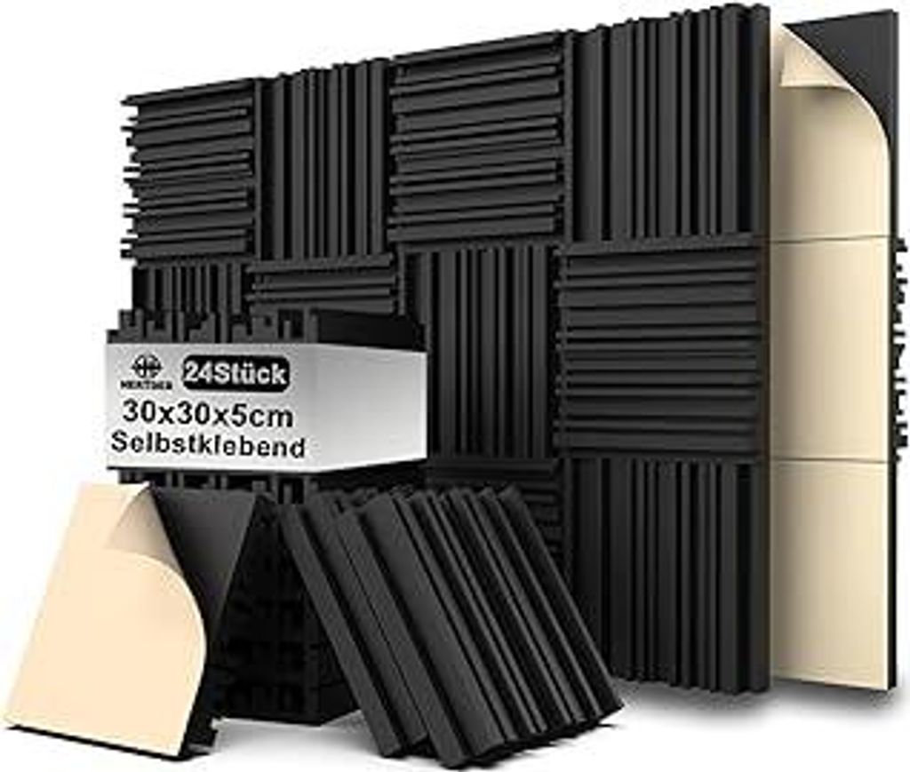 HERTBER 24 Stück Akustikschaumstoff Selbstklebend, Schwarz Gerillte Akustikpaneele 12 x 12 x 2 Zoll, Hohe Dichte Wandpaneele für Schalldämmung, ...