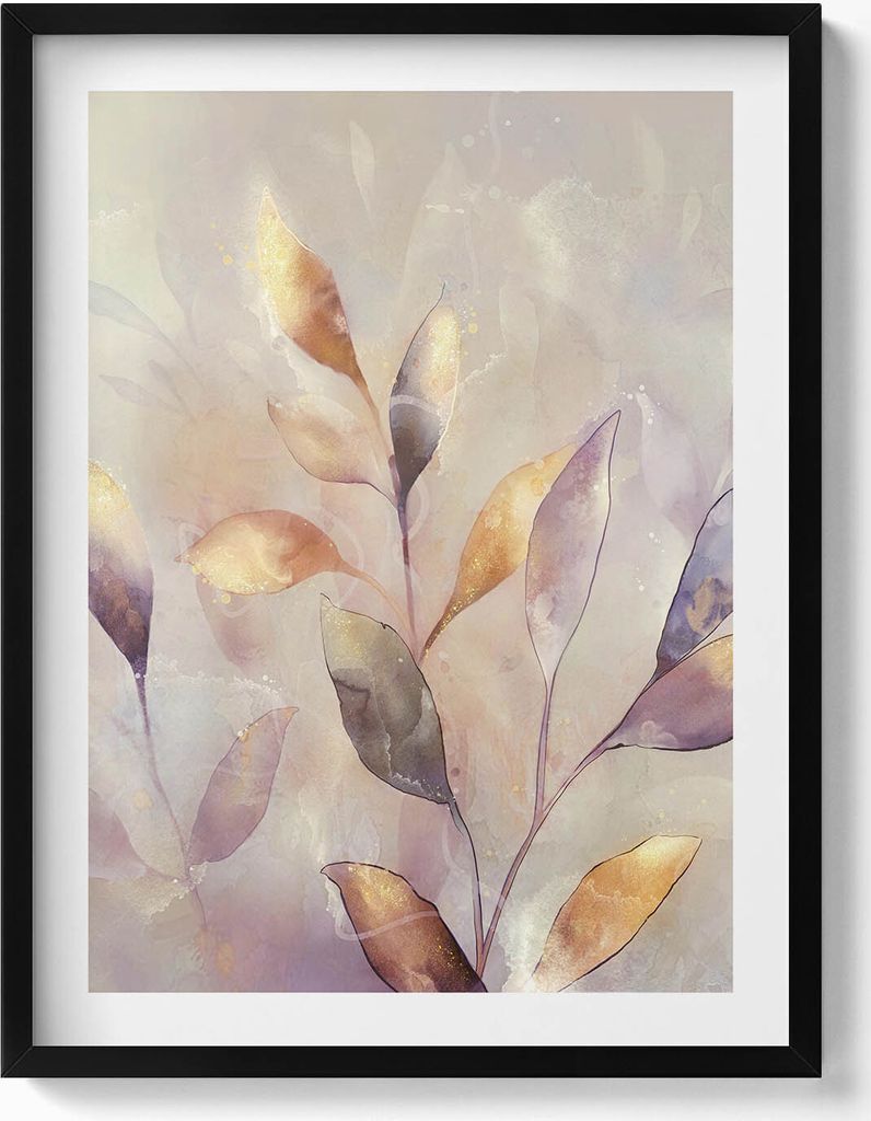 Gemalte Boho-Blätter– Wandbild mit Rahmen – Gerahmtes Bild – Wanddekoration – 60x80 cm – Schwarz Rahmen