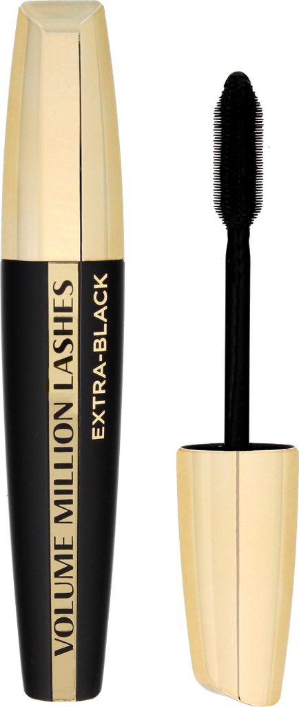 A product shot of a mascara tube and its applicator.