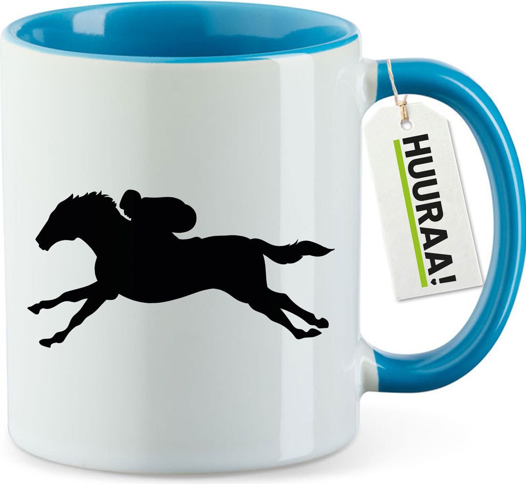 Huuraa Kaffeetasse Pferderennen Silhouette 330ml Blau Keramik Kaffeebecher Geschenkidee