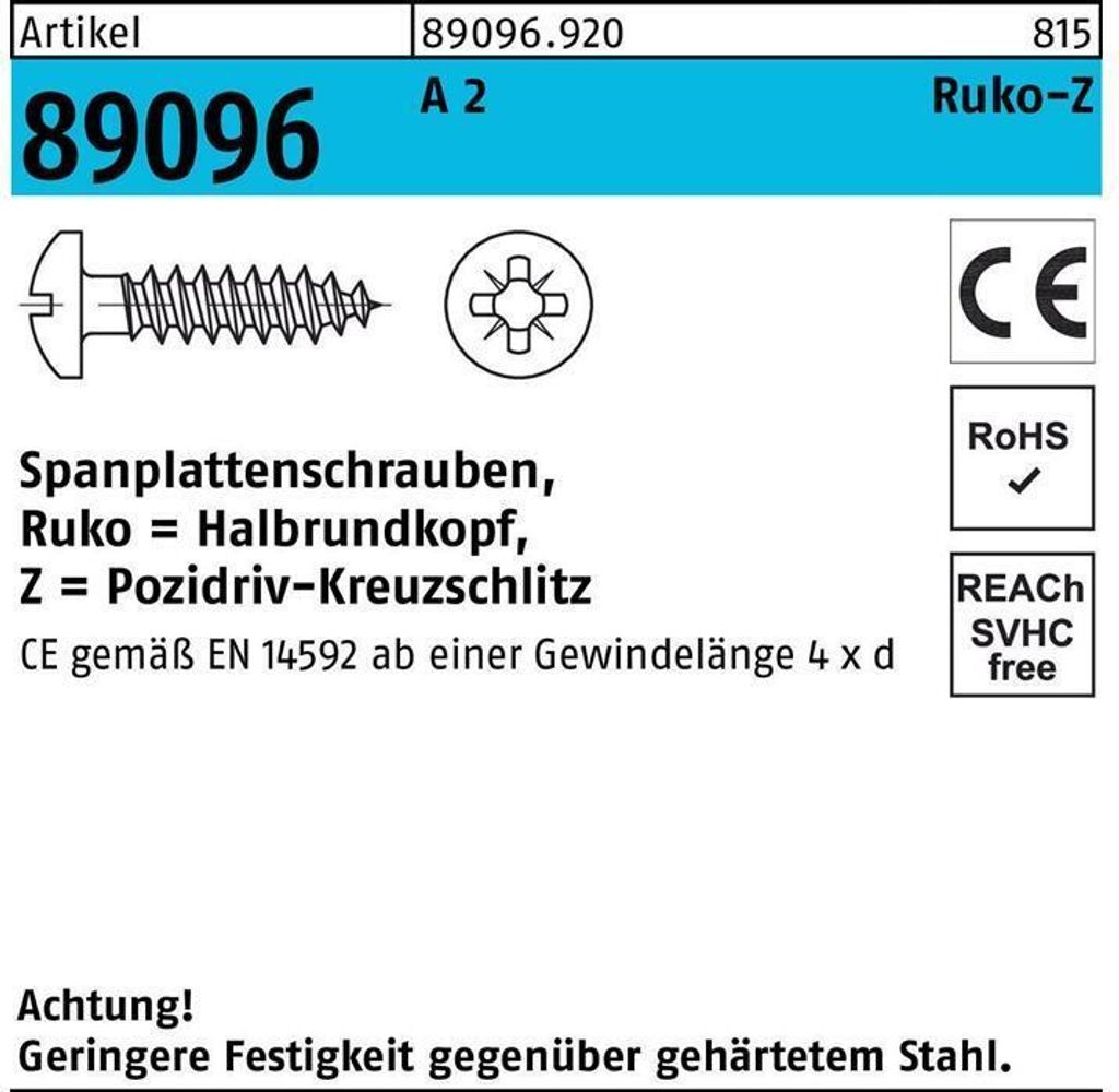 Reyher Spanplattenschrauben 89096 Hako A 2 4x50-Z (1000 Stück)