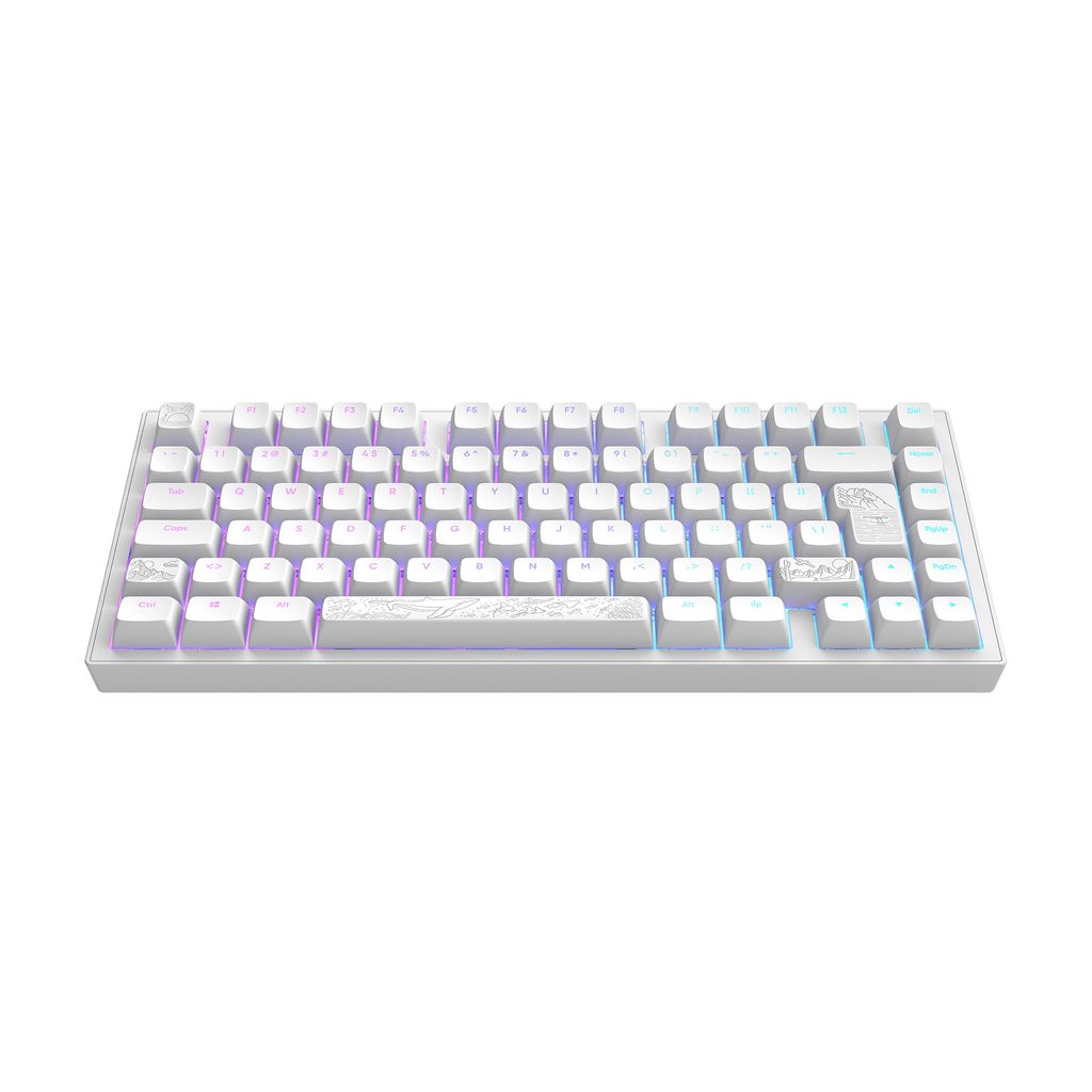A white mechanical gaming keyboard is shown from a slightly elevated front-side angle against a white background.