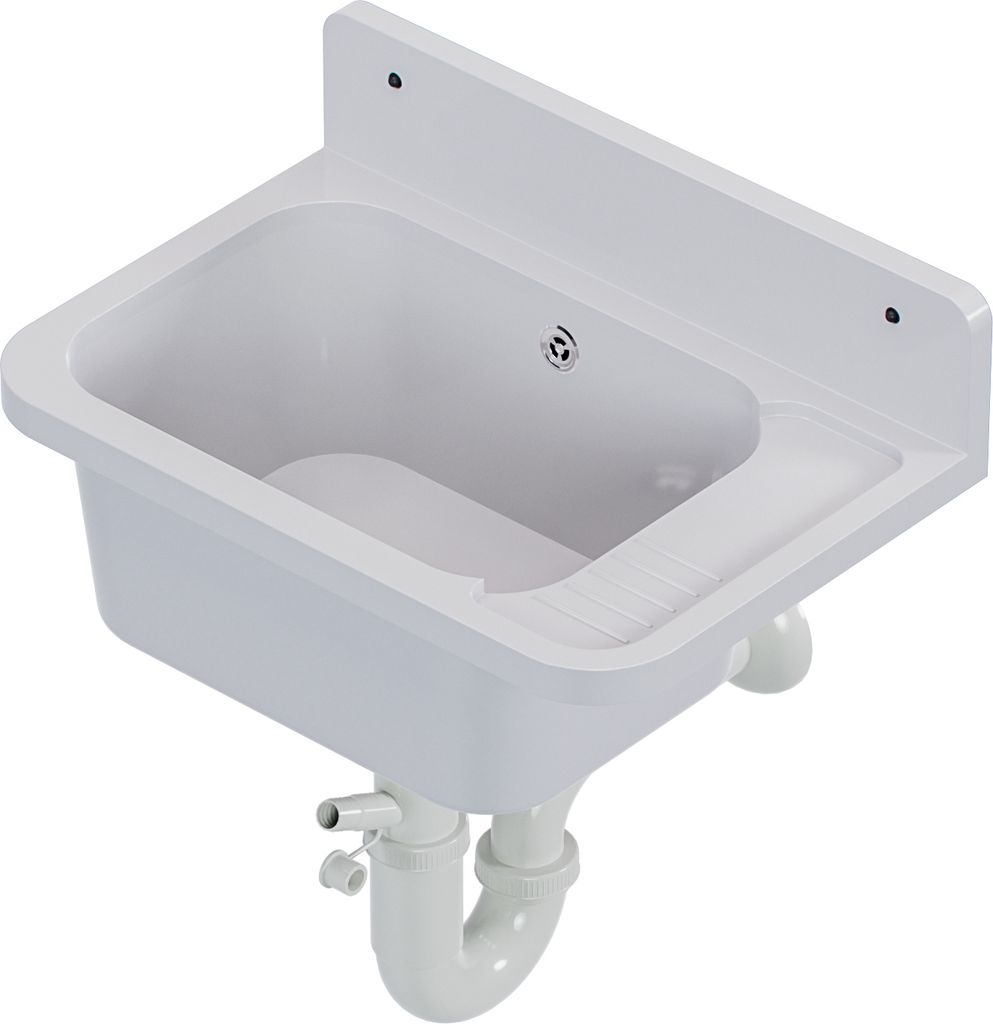 A white sink with plumbing attached, shown from a diagonal angle.