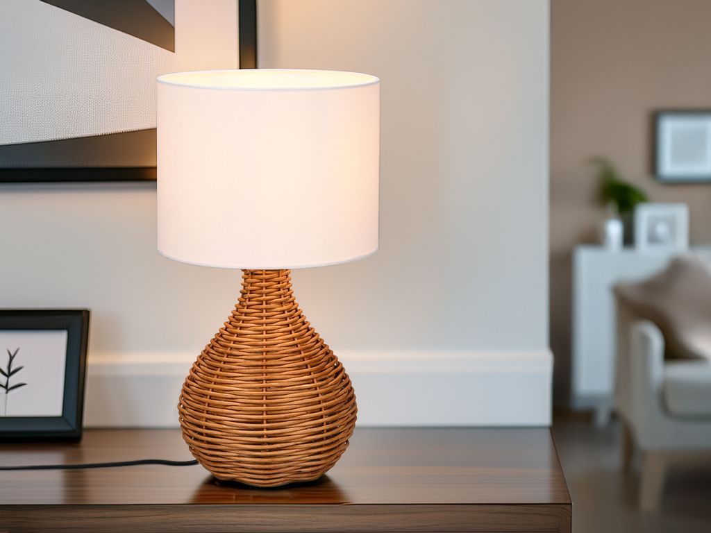 Große skandinavische LED Tischleuchte mit Rattanfuß & Produktbild 