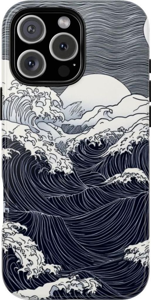 Monochrome Meereswellen und Vollmond – Hülle Kompatibel mit iPhone 16 Pro Max