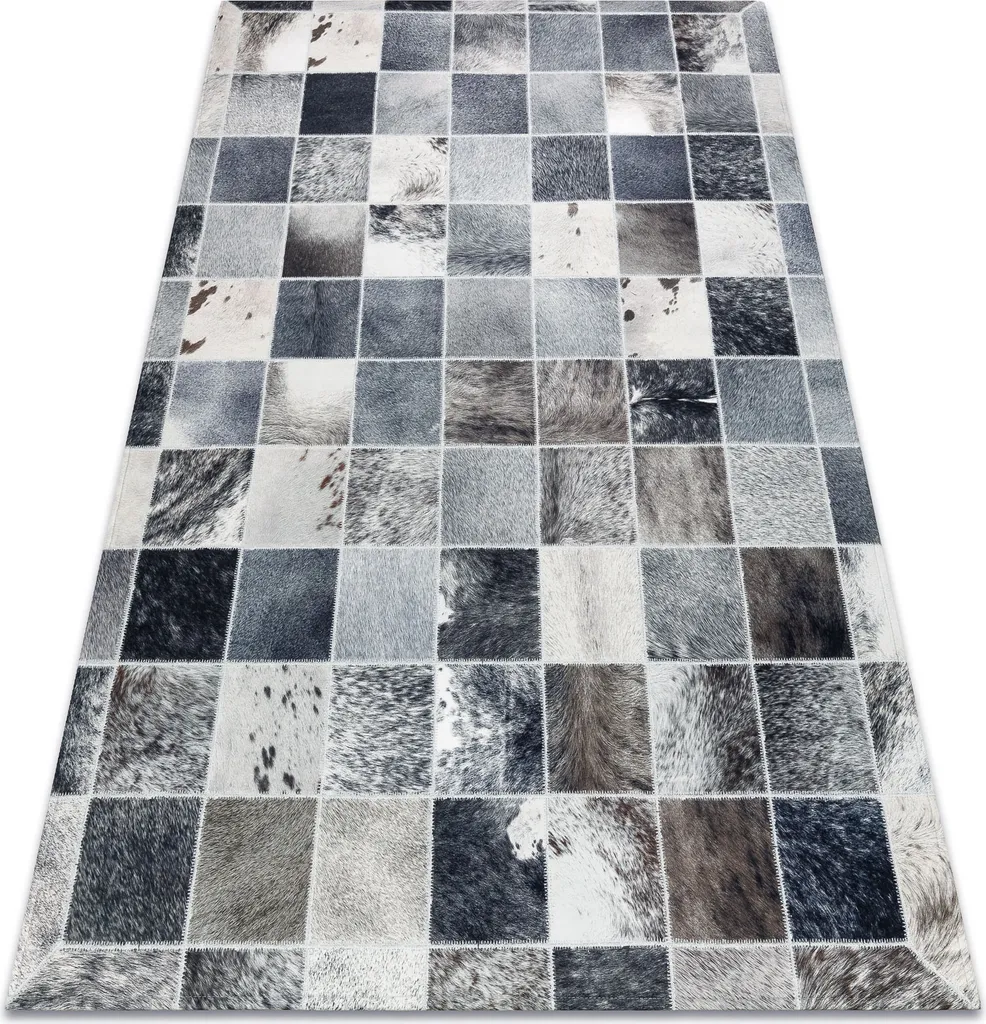 Tapis Design Patchwork en Peau Naturelle Grise et Finition Artisanale