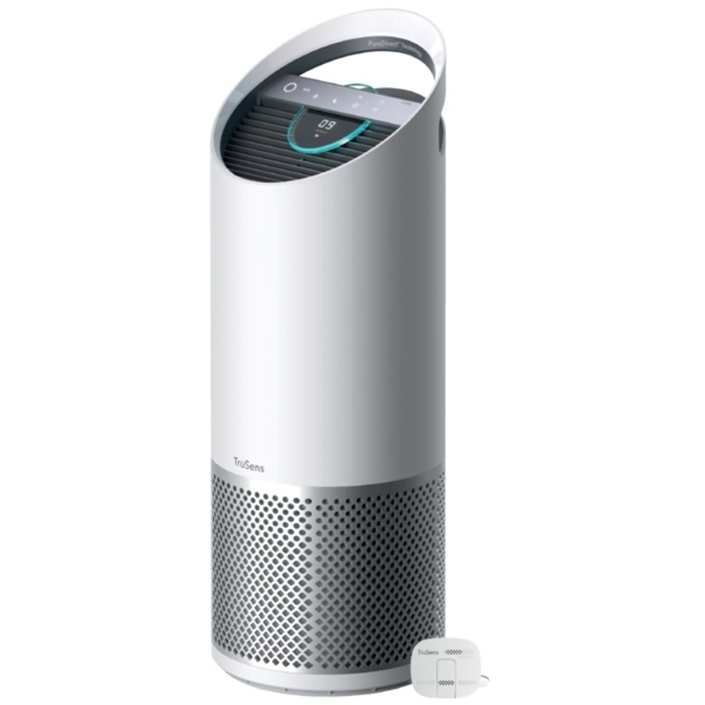 A white and gray air purifier with a digital display and a small sensor unit next to it, set against a white background.