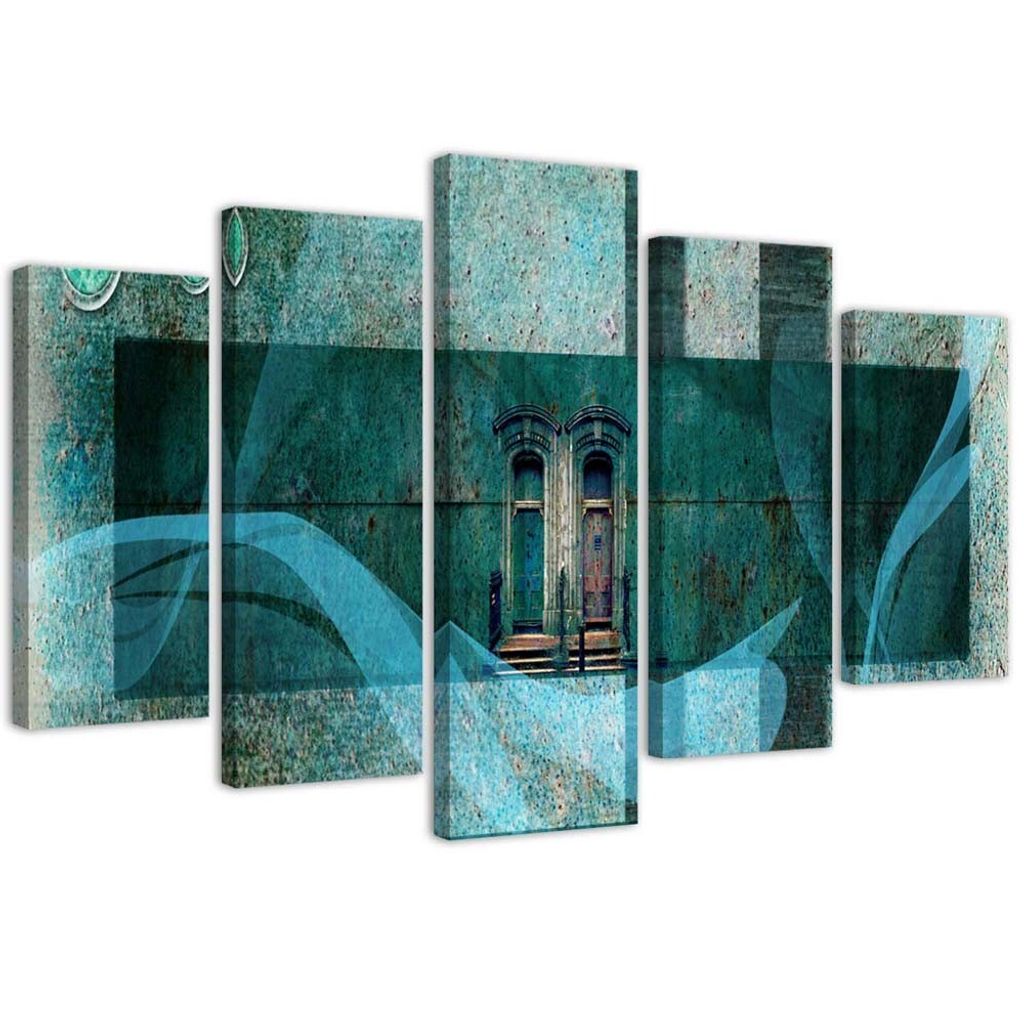 5-teiliges leinwandbild mysteriöses fenster 150x100 cm Feeby grün wandbild bereit zum aufhängen