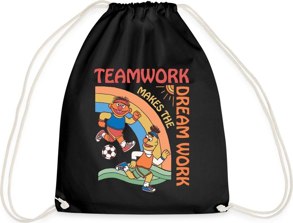 Spreadshirt Sesamstraße Teamwork Makes The Dream Work Mit Ernie Und Bert Turnbeutel, One size, Schwarz