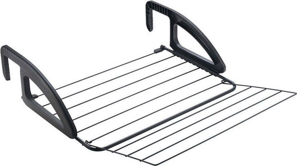 A black metal clothes drying rack with black plastic handles, shown against a white background.