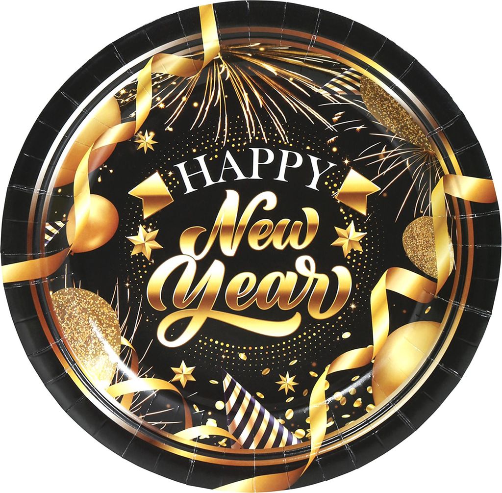 6 Pappteller Happy New Year Schwarz Gold 23 cm -