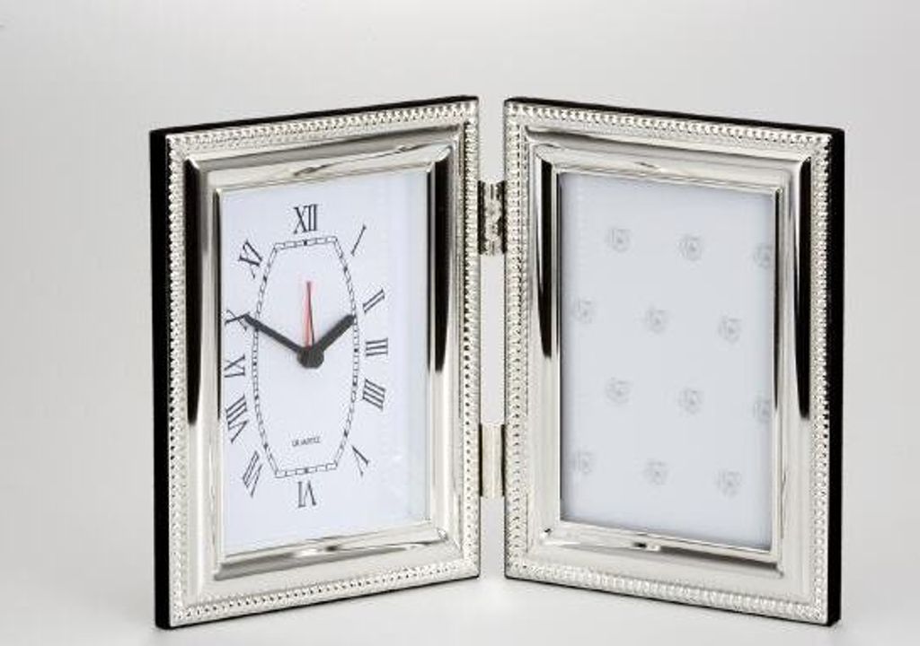 Fotorahmen mit Uhr Perlrand 9,0 x 13,0 cm versilbert Anlaufgeschützt