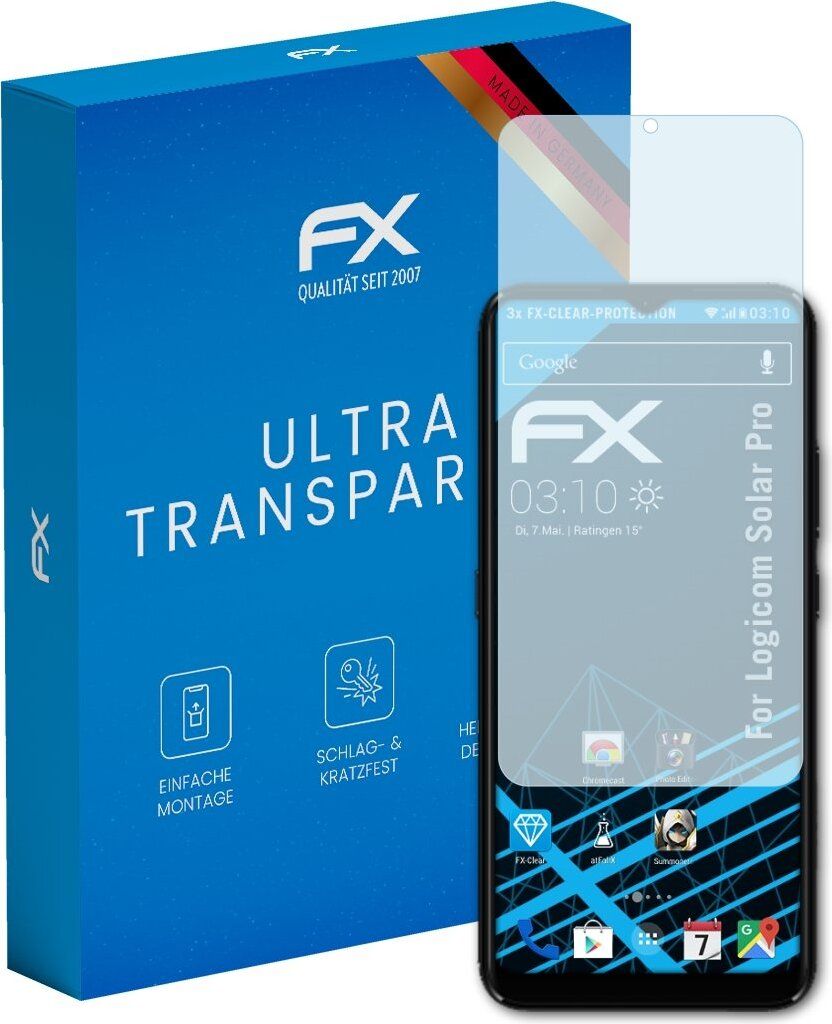 atFoliX FX-Clear 3x Schutzfolie kompatibel mit Logicom Solar Pro Displayschutzfolie