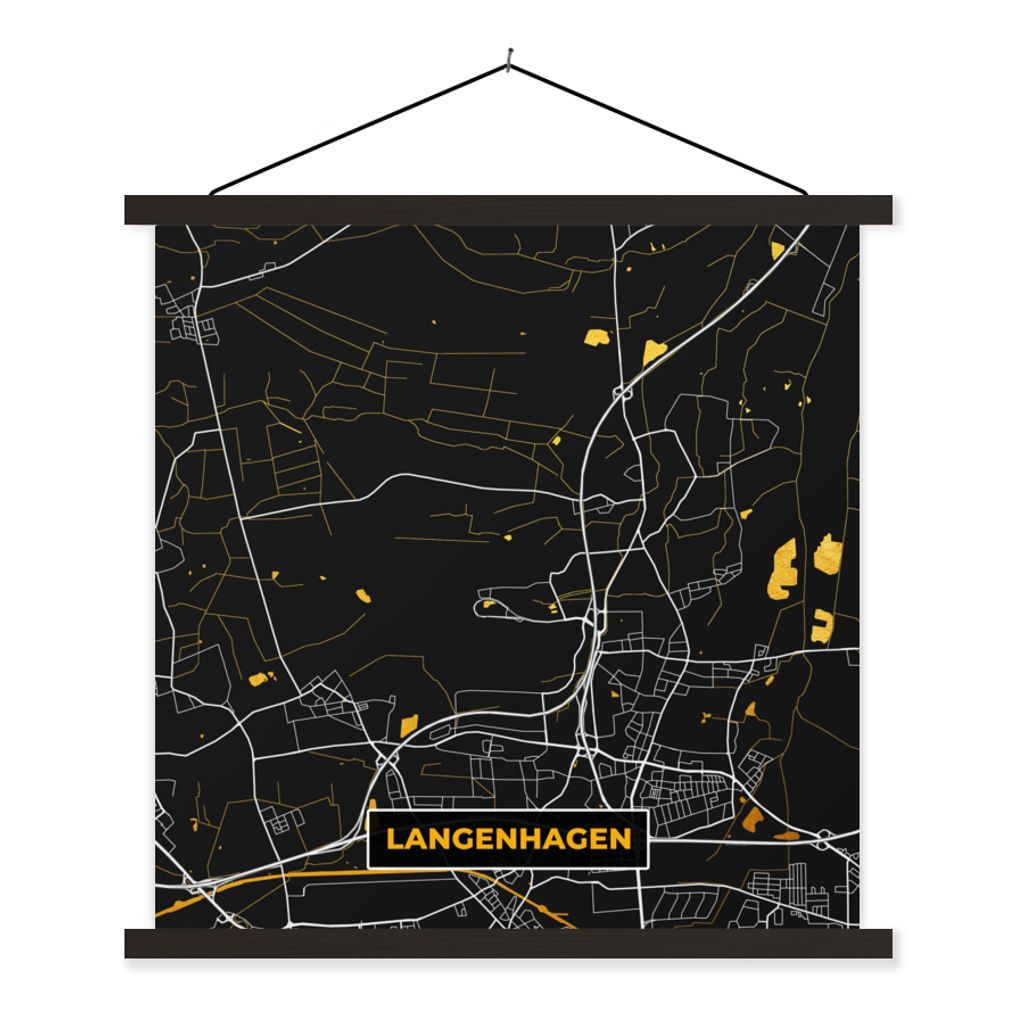 MuchoWow Textilposter Stadtplan - Karte - Deutschland - Gold - Langenhagen - Karte 120x120 cm mit schwarzem Rahmen - Aufhängungsset