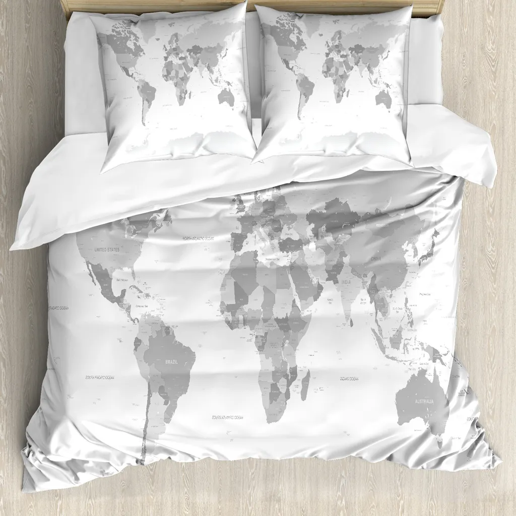 ABAKUHAUS Copripiumino grigio, mappa del mondo Continente terrestre, antiacaro Adatto a chi soffre di allergie Con federe, 155 cm x 220 cm - 80 x 80 cm, grigio bianco